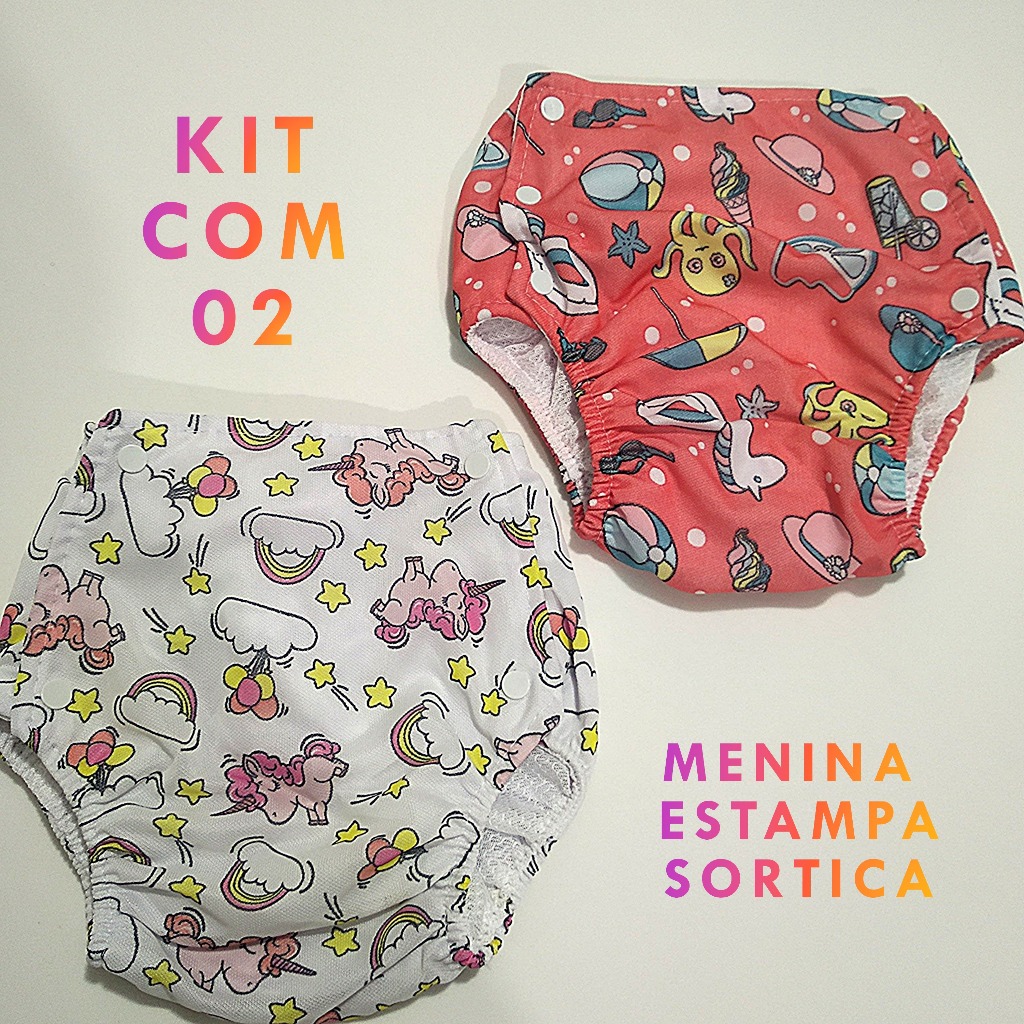 kit 02 Fralda Plástica Calça Enxuta Reutilizável Ecológica Estampada Transição Bebe Infantil Desfralde