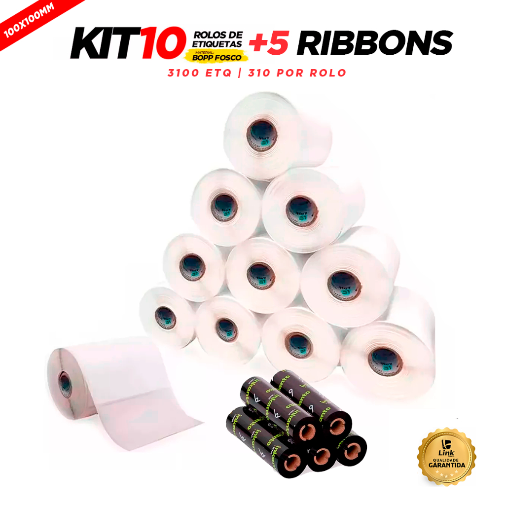 10 Rls Etiqueta 10x10 100x100 Bopp Adesiva Zebra Argox Elgin + 5 Ribbon Misto