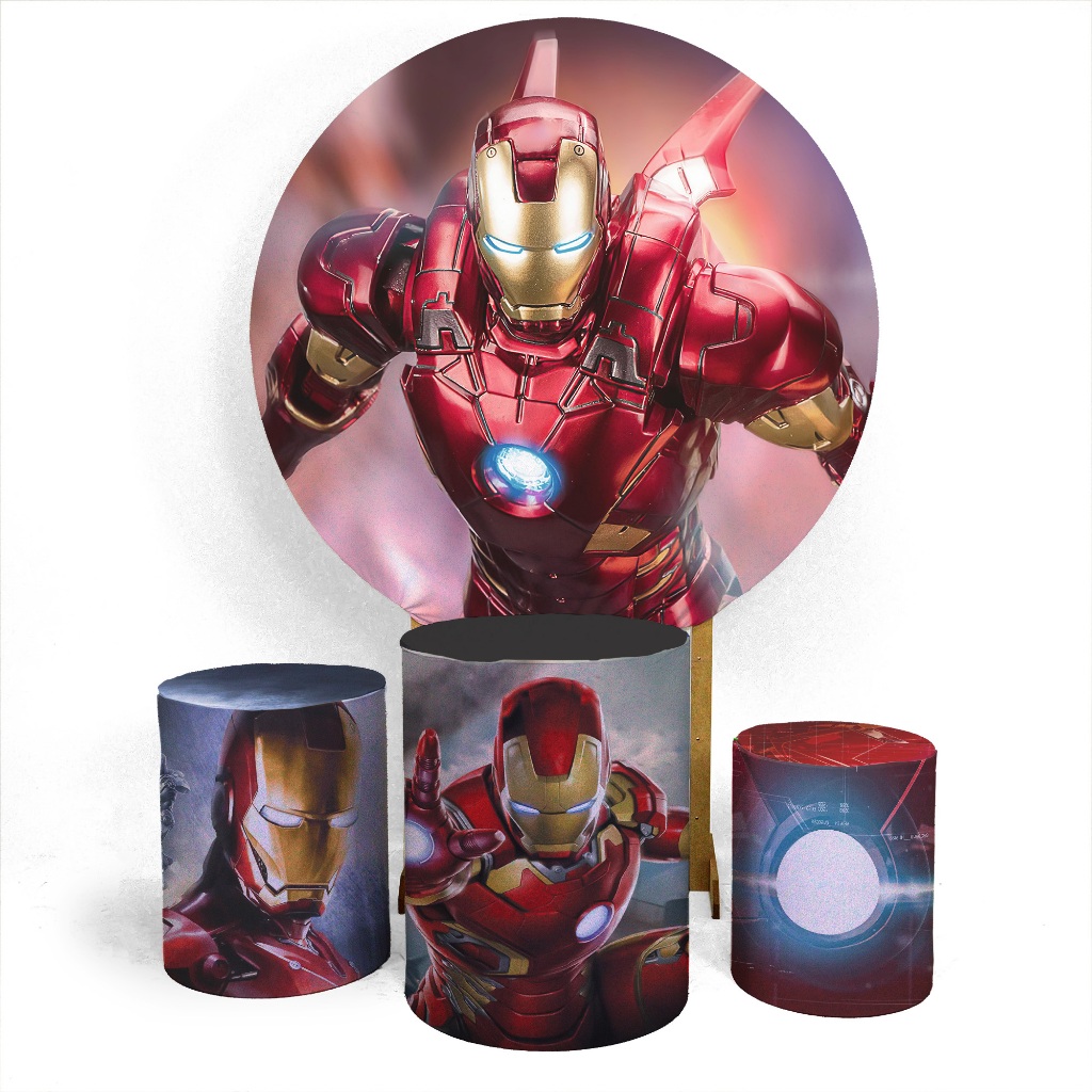 Painel Redondo + Trio de Cilindro Capas Sublimados Homem de Ferro