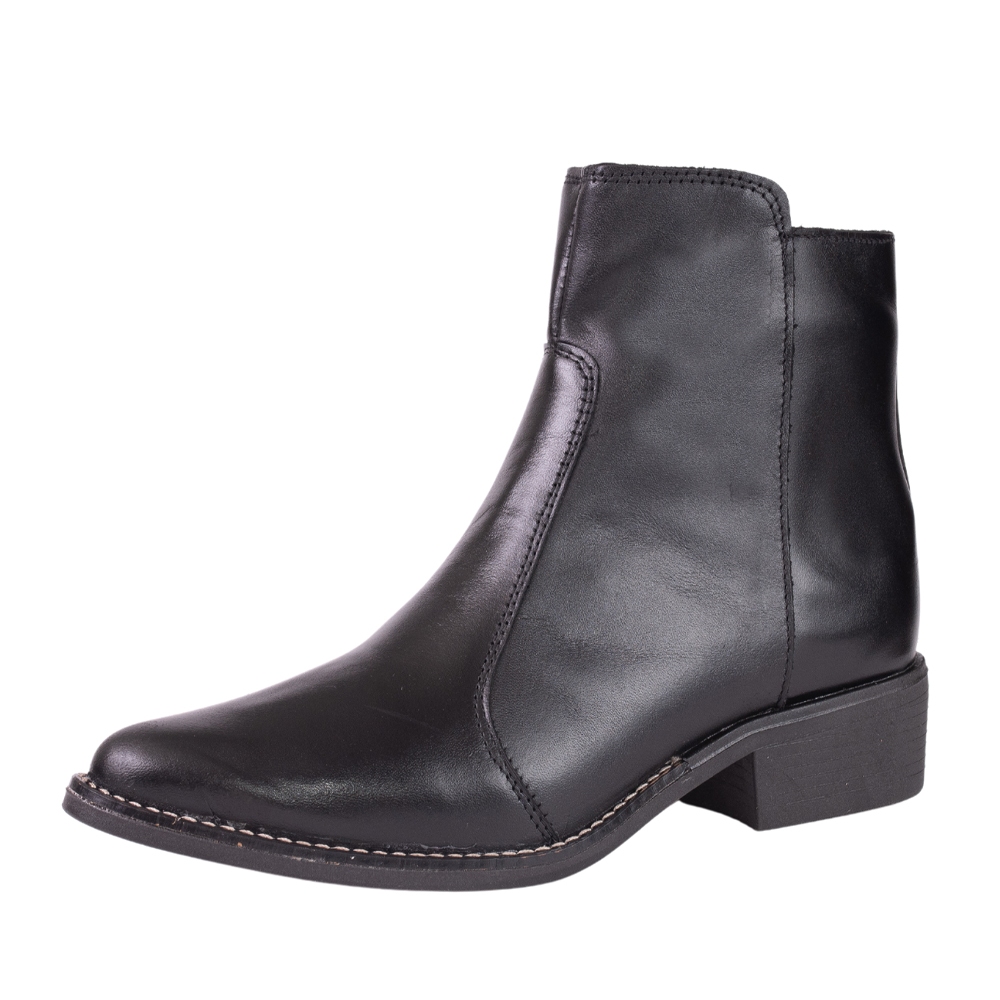 Bota em Couro Bico Fino Cano Curto Feminina Preta