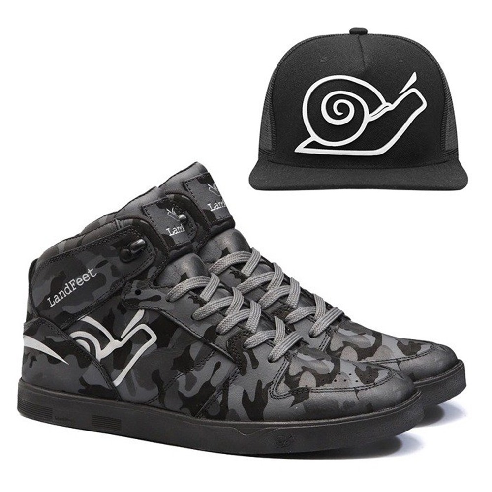 TENIS CANO ALTO LANDFEET SKATISTA EM COURO CONFORTO E ESTILO EMBARCADERO X CAMUFLADO + BONÉ