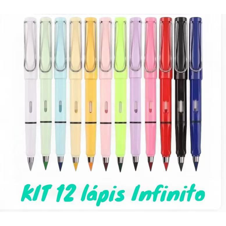 Kit 12 Cores Lapis De Colorir Infinito Durável Ponta Infinita Lápis Infinito HB com borracha - Pontas coloridas