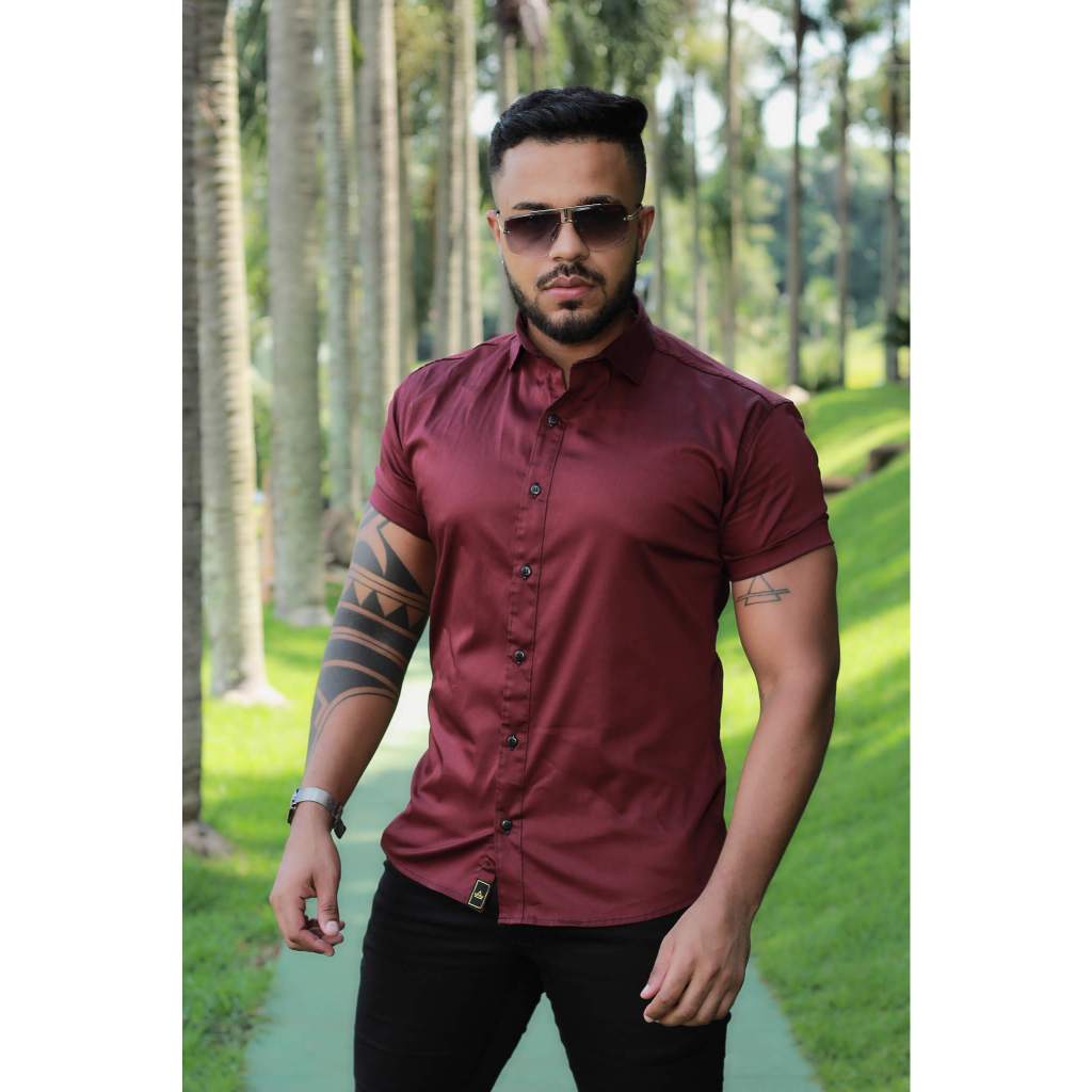 Camisa Slim fit Marsala com elastano em Oferta na Shopee