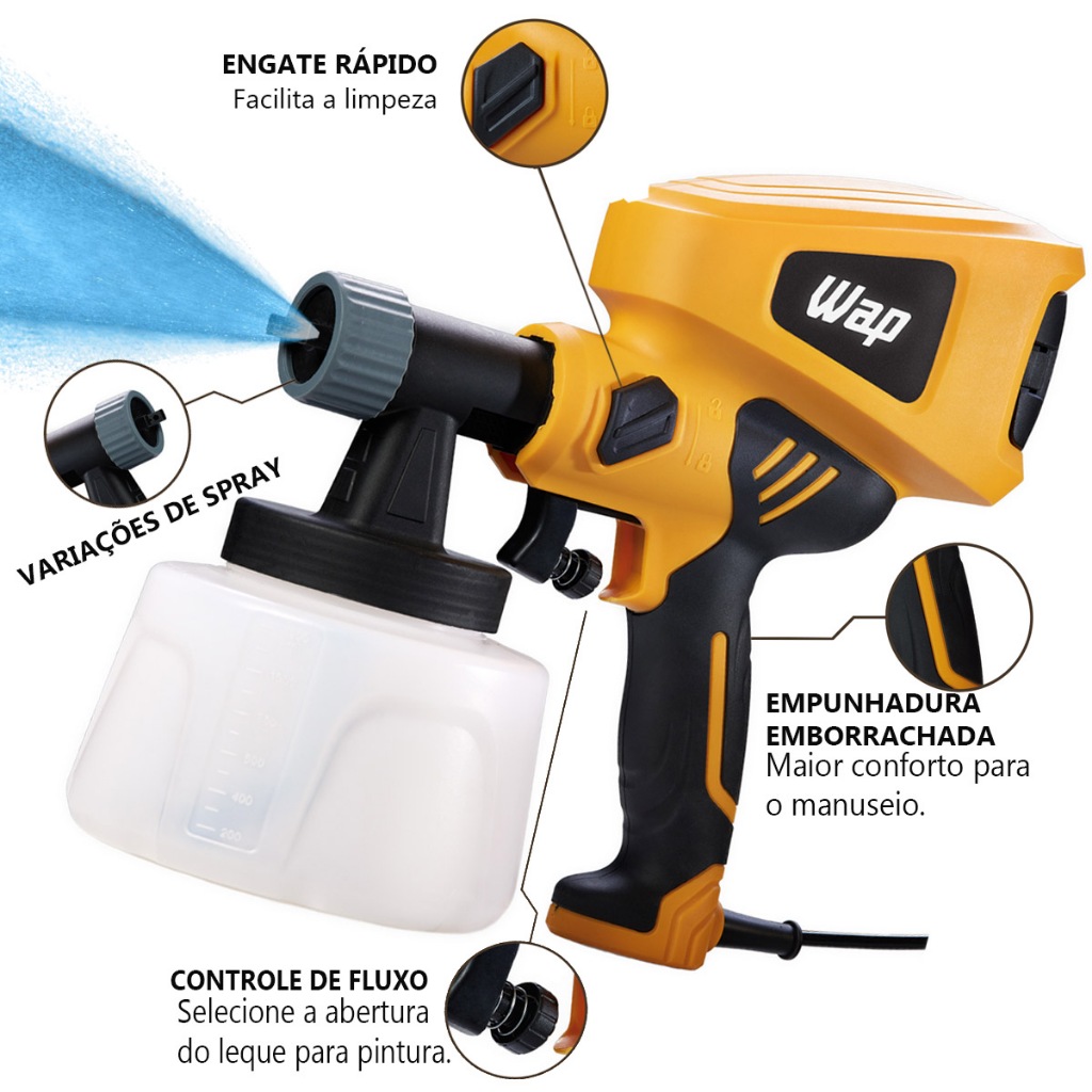 Pistola de Pintura Pulverizadora de Tinta Portátil 400W 900ml com Regulagem de Spray EPP400 Wap em Oferta na Shopee