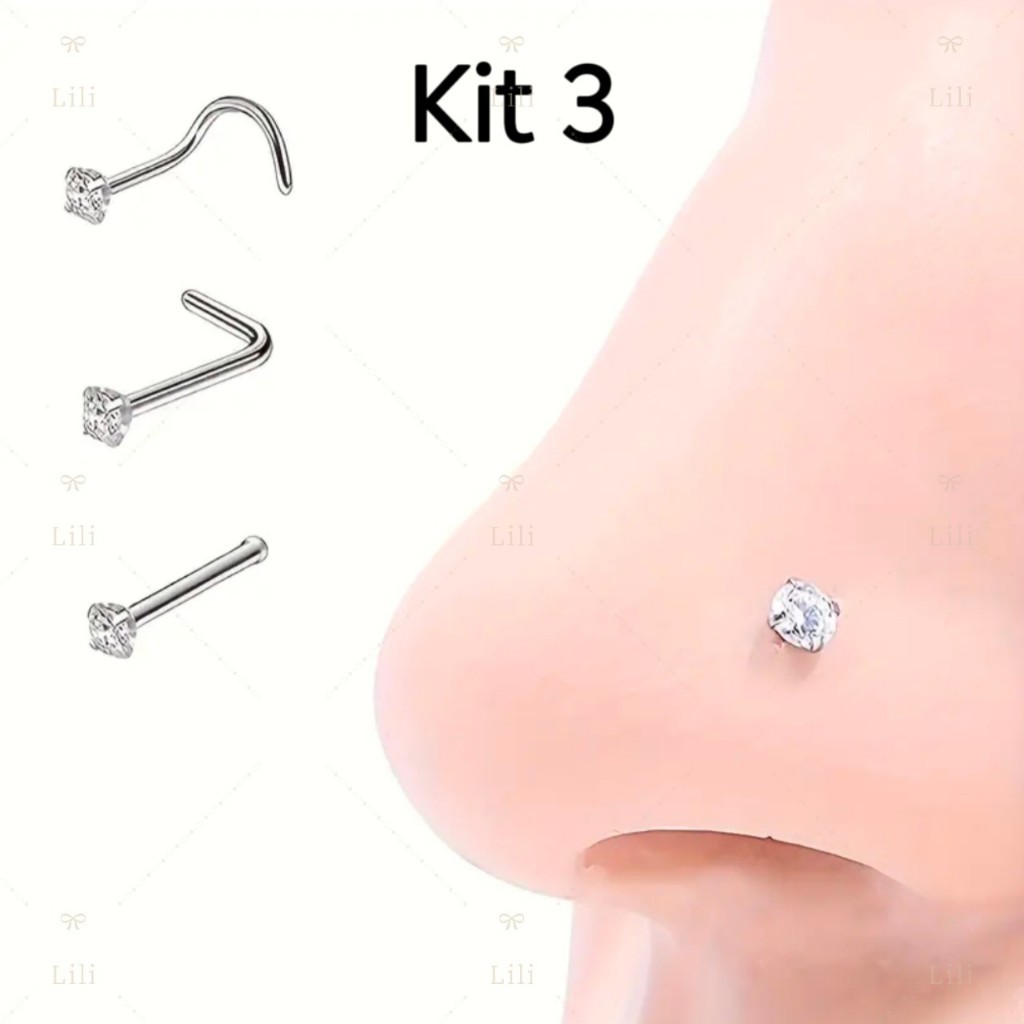 Conjunto de 3 Peças ,Piercing de Nariz em Aço cirúrgico com Zircônia 2mm Incrustada unissex em Oferta na Shopee