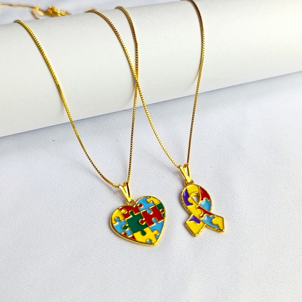 Colar Veneziano Folheado a Ouro c/ Pingente Coração e Laço Símbolo Autismo Autista em Oferta na Shopee