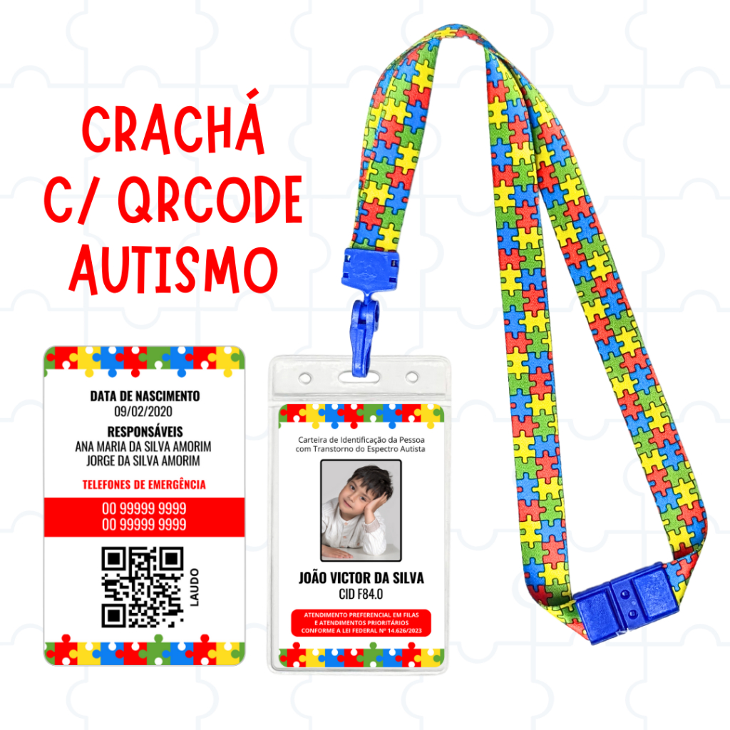 Kit Infantil Autismo Crachá com QR Code PVC e Cordão Autista com Trava de Segurança em Oferta na Shopee