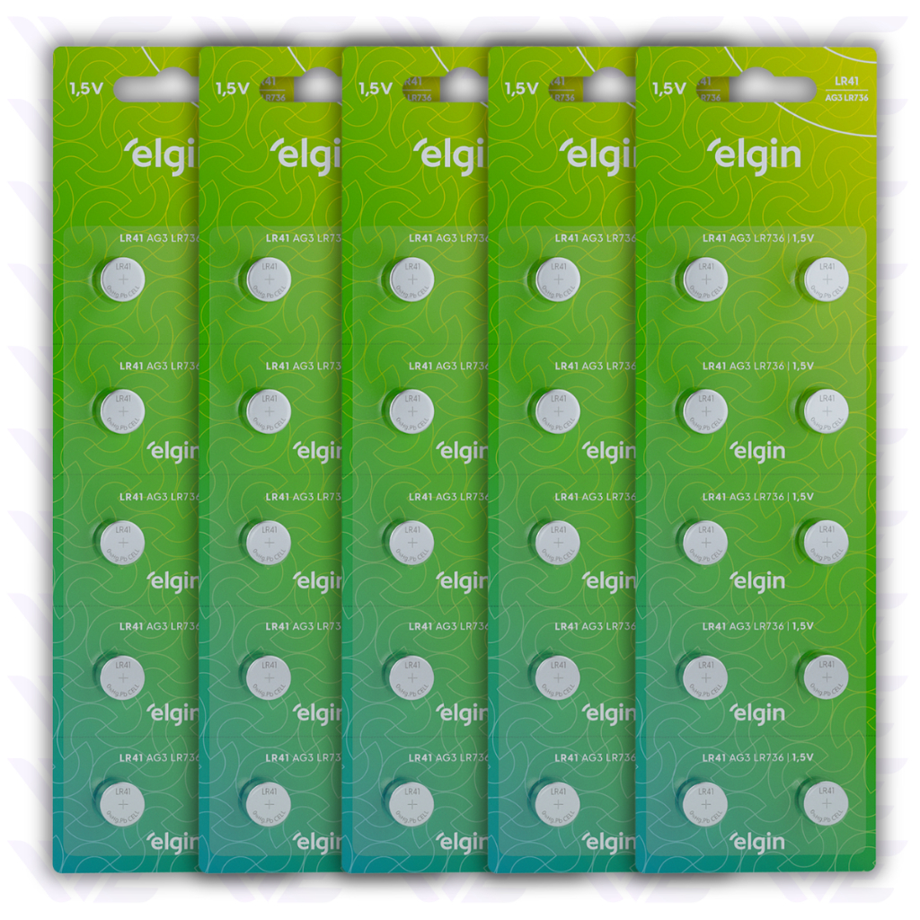 50 Baterias Pilha Elgin LR41 AG3 LR736 1,5V Alcalina 5 Cartela Blister com 10 Unidades Cada Original em Oferta na Shopee