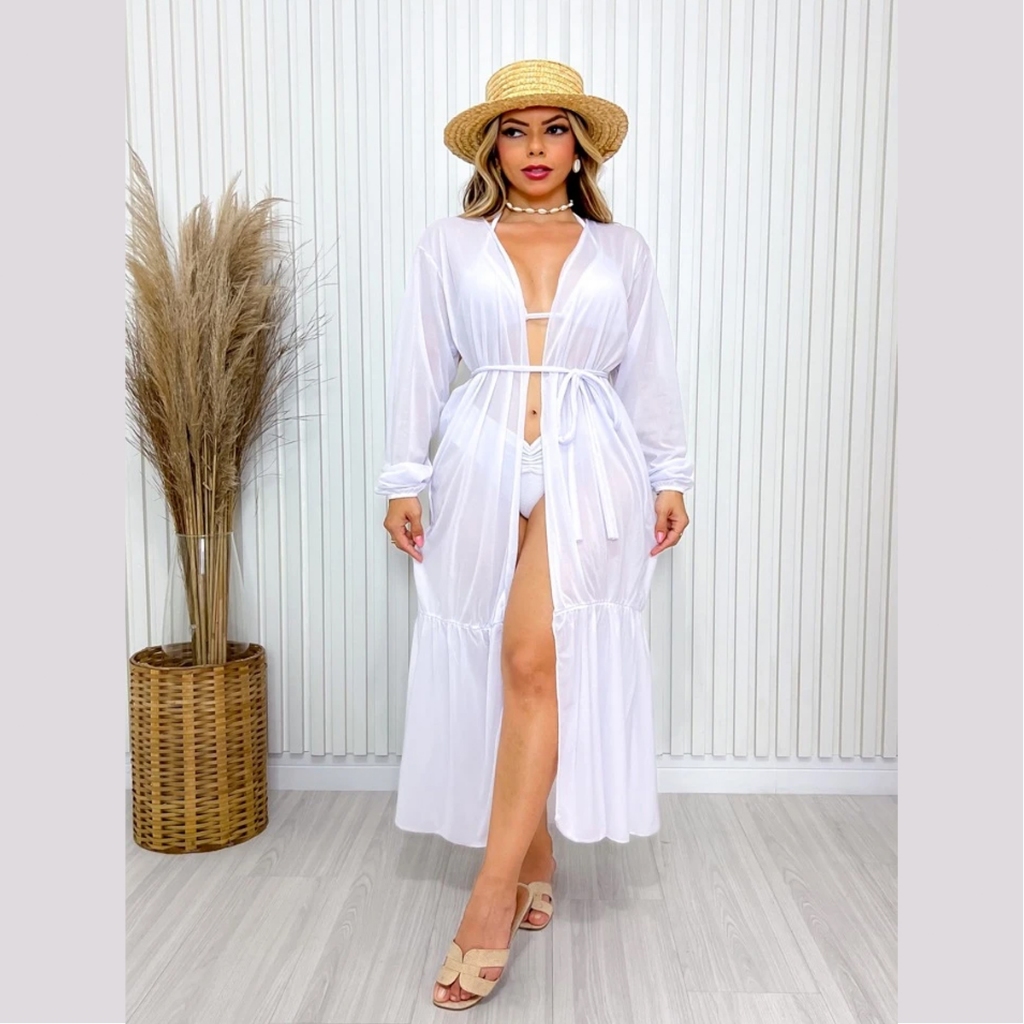 Saída de Praia Longa Kimono Manga LONGA 2 MARIAS BABADO VERAO