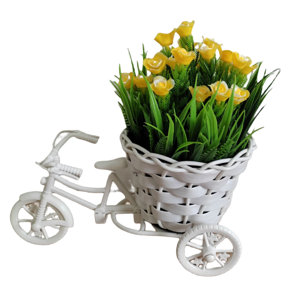 Bicicleta Miniatura com Arranjo de Flores na cor Amarela para Decoração Mesa Vitrine Balcão Vime/Milho
