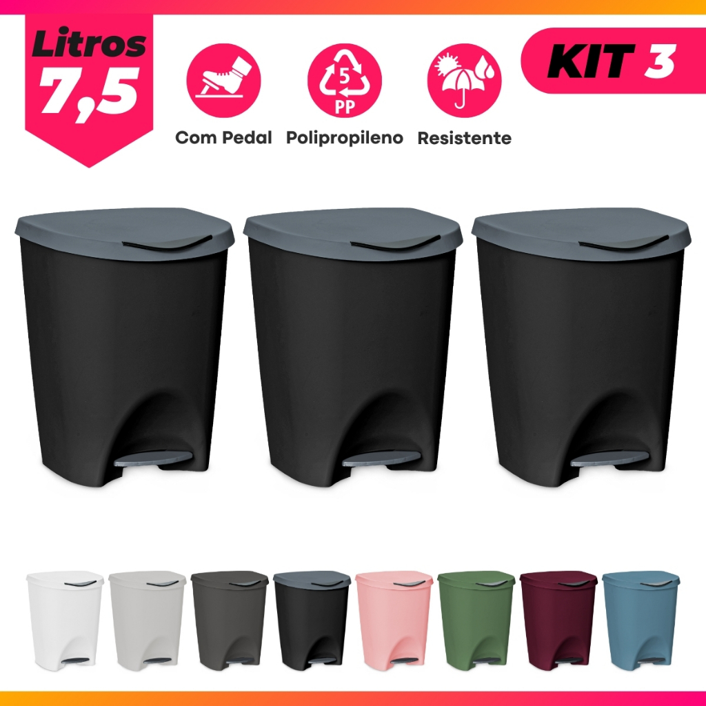 Kit 3 Lixeiras de Cozinha, Banheiro ou Escritório C/ Pedal 7,5L
