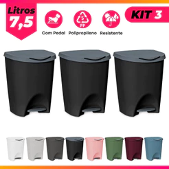 Kit 3 Lixeiras de Cozinha, Banheiro ou Escritório C/ Pedal 7,5L