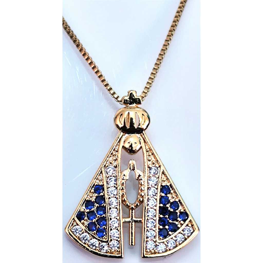 Gargantilha, colar Pingente Nossa senhora Aparecida com Pedras em Zircônia Azul e Cristal Folheada a Ouro 18k