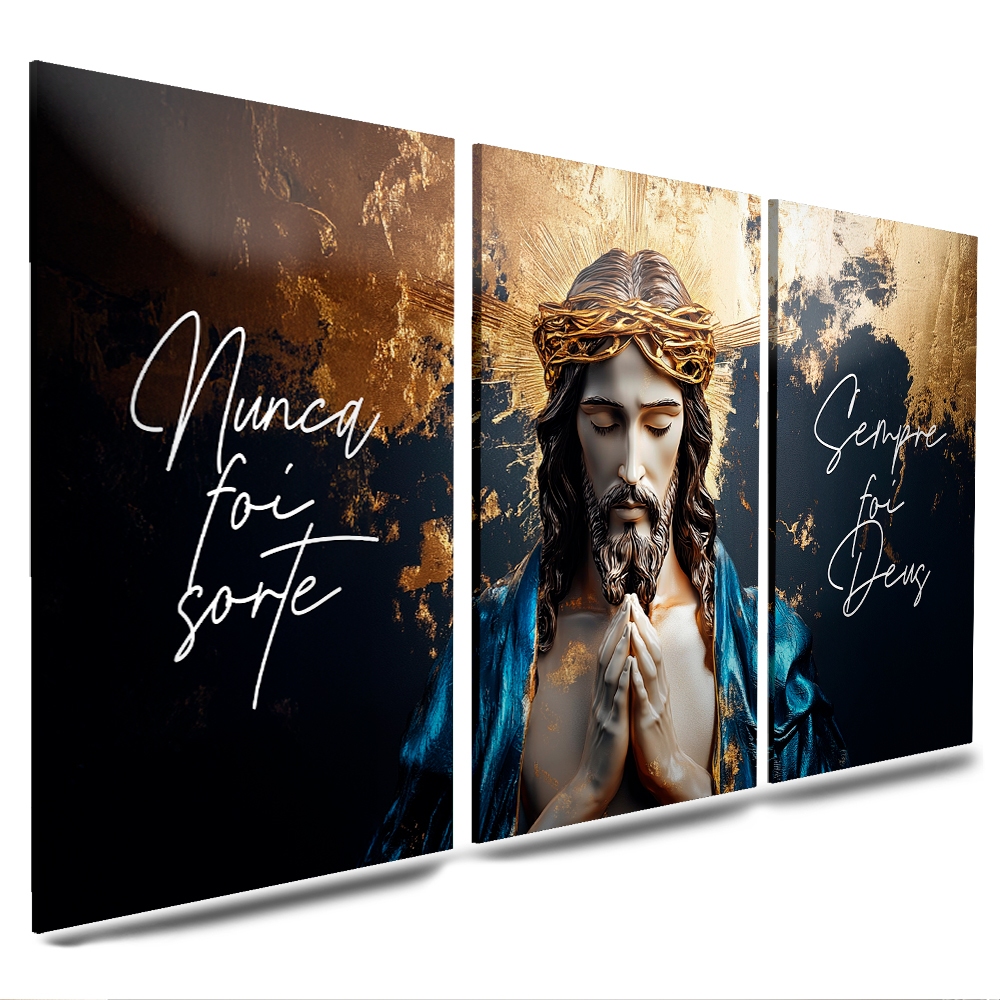 quadros decorativos 3 partes Jesus Cristo religioso modernos nunca foi sorte sempre foi Deus (JESUS MANTO AZUL)