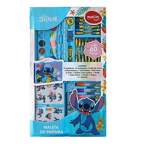 Kit Escolar Maleta Paleta De Pintura Canetinha Aquarela Lilo e Stitch Giz Cera Tinta Infantil Adesiv