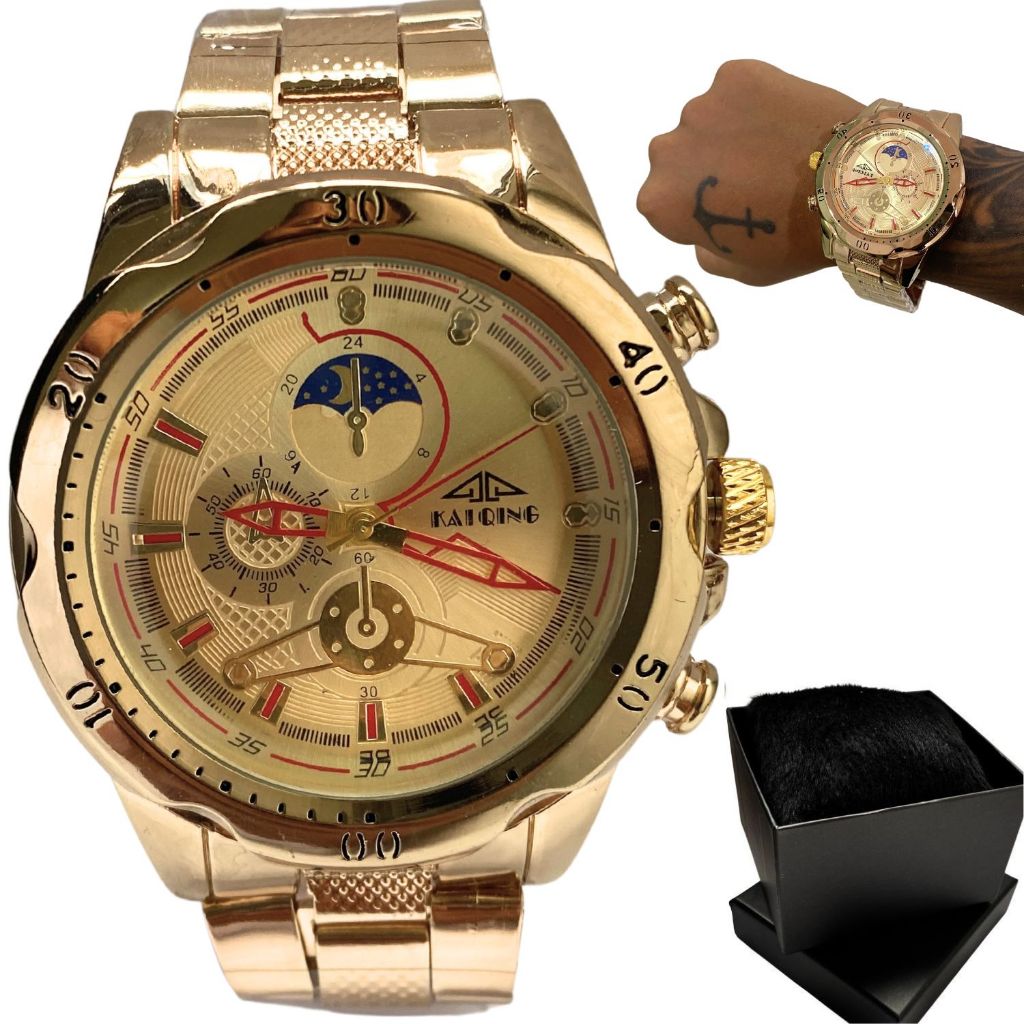 Relógio Masculino Luxo Robusto Dourado + Caixa Premium