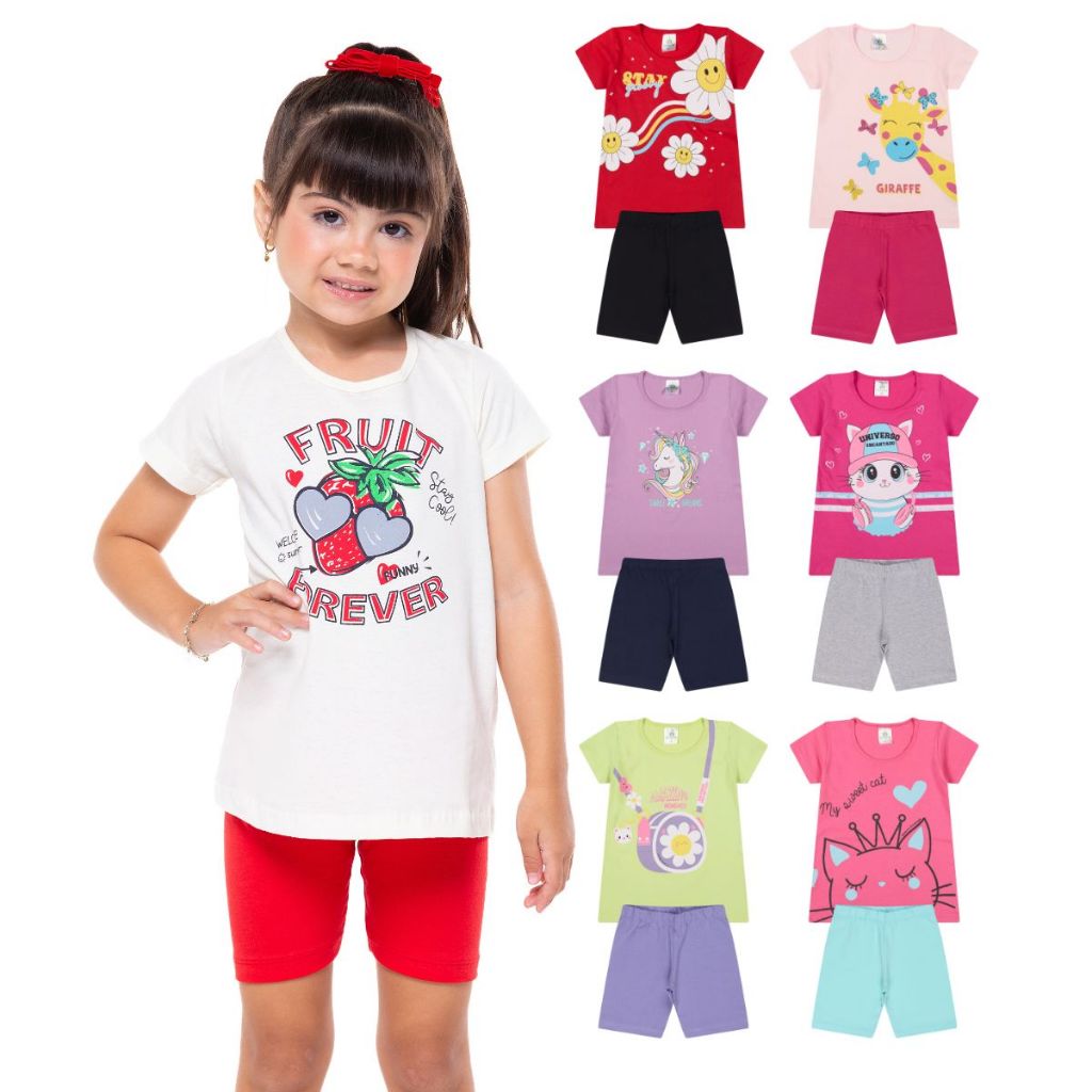 Kit Sortido 8 Peças de Roupas Infantil Menina Conjunto Ciclista Tamanho 1 ao 10 em Oferta na Shopee
