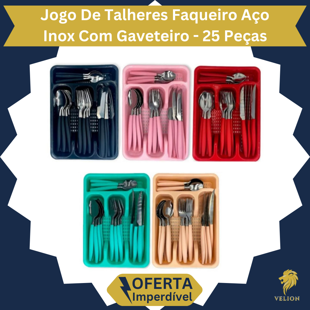 Jogo De Talheres 25 Peças Faqueiro Aço Inox Com Gaveteiro Escoedor