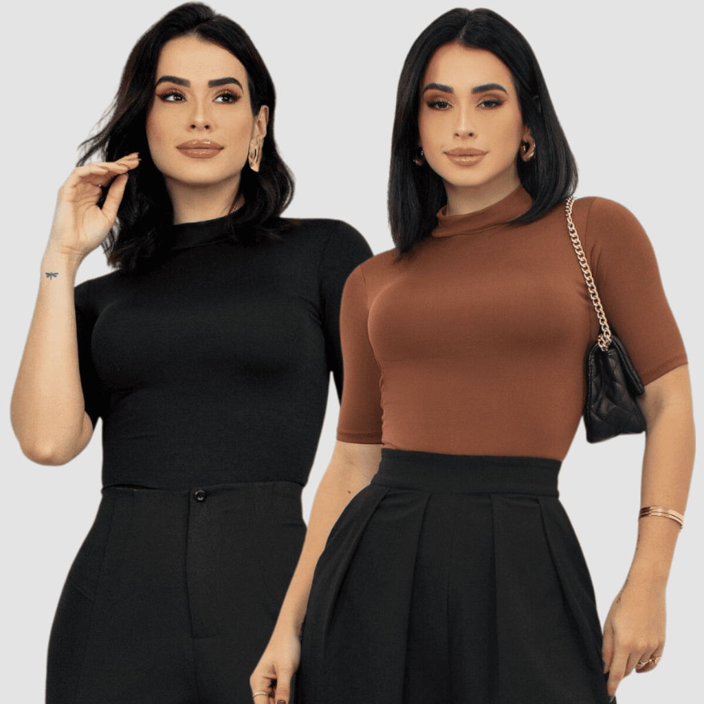 Kit 2 Blusa Feminina Gola Alta Manga Curta Cacharrel
