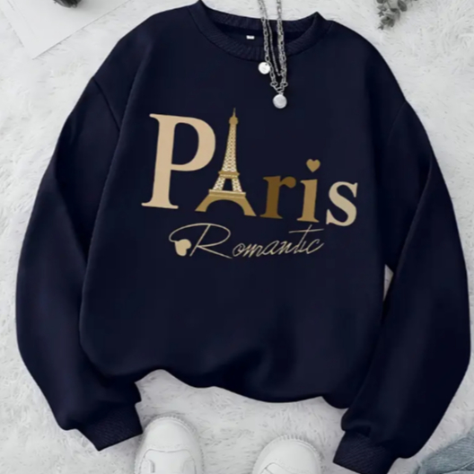 Moletom Gola Redonda Feminina Estampada Paris Romantic Dourado Confortavel Quentinho Flanelado