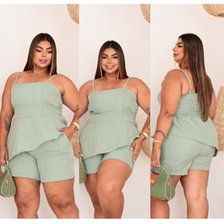 Conjunto Feminino Assimetrico Plus Size Blusa y Short com alça regulavel