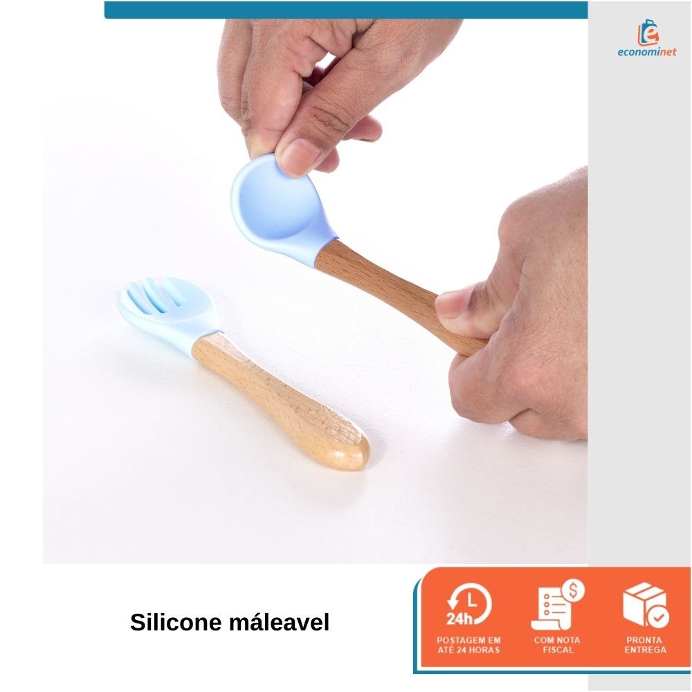 Kit Par Talher Garfo Colher Silicone Bambu Madeira Introdução Alimentar Bebê Infantil Refeição Alimentação Criança · foto 2