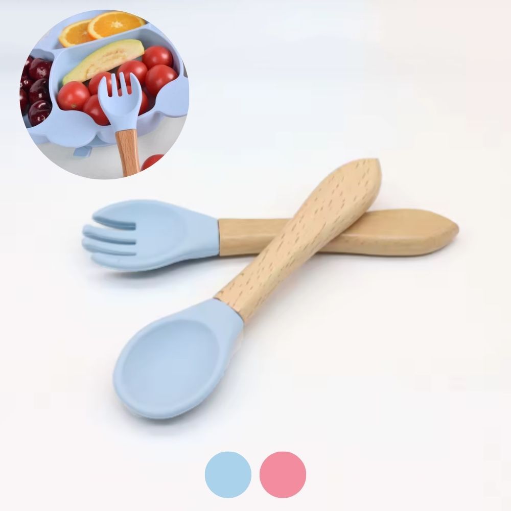 Kit Par Talher Garfo Colher Silicone Bambu Madeira Introdução Alimentar Bebê Infantil Refeição Alimentação Criança