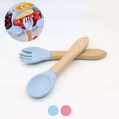 Kit Par Talher Garfo Colher Silicone Bambu Madeira Introdução Alimentar Bebê Infantil Refeição Alimentação Criança