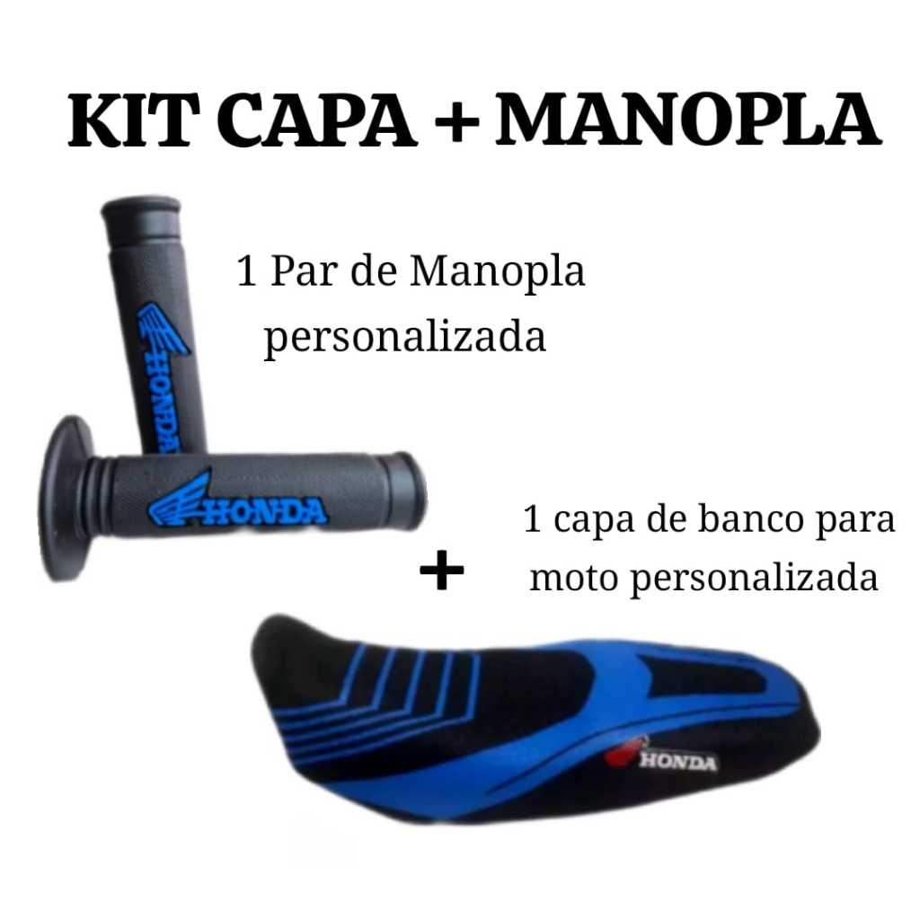 Kit Capa de Banco para Moto e Manopla Punho Luva Diamante Personalizada Honda Azul