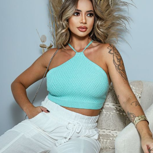 Cropped Top Tricot Modal Premium Triangulo Frente Única  Moda Feminina de Amarrar Texturizado