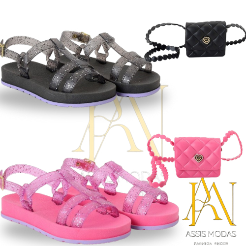 Kit sandália infantil feminina  com brilho  confortável  lançamento com bolsinha infantil  menina delicada .