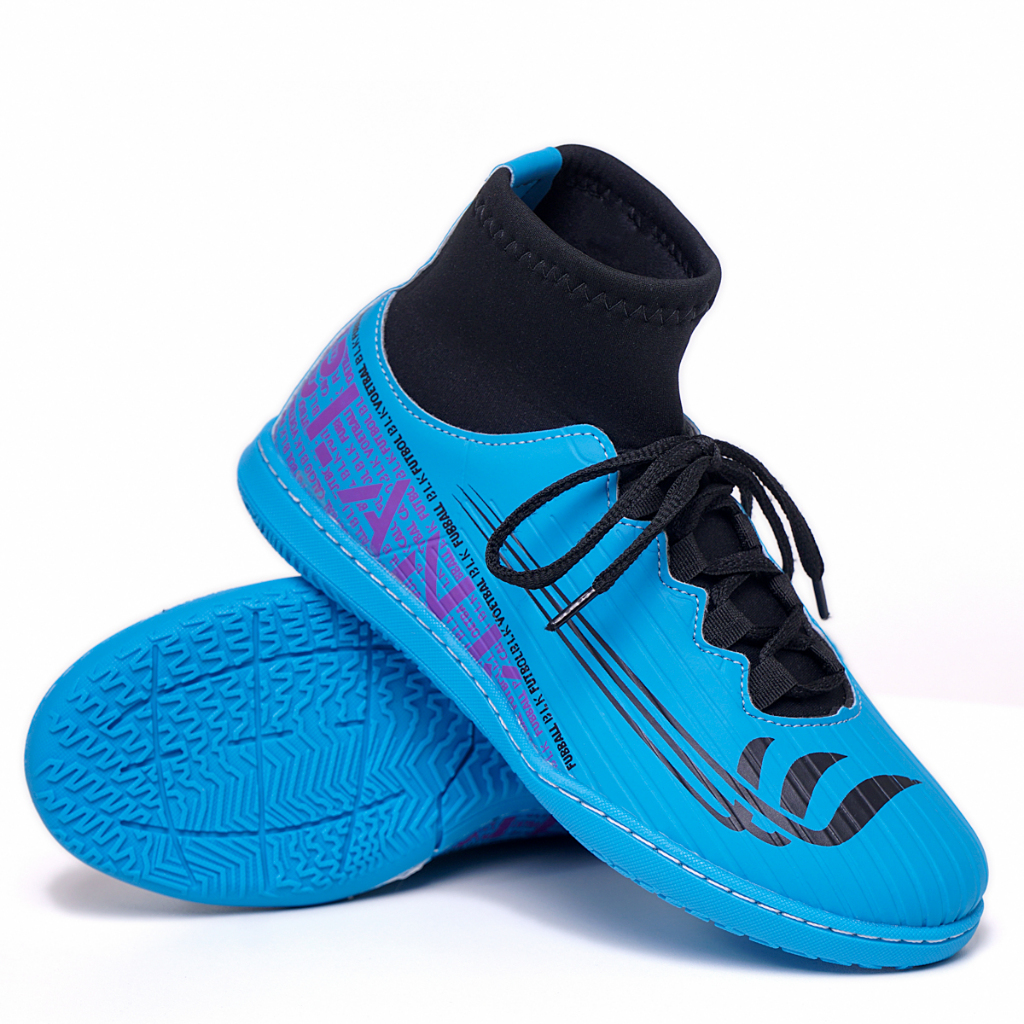 Chuteira Tênis Futsal Botinha Cano Alto Azul Blank Star com Solado Totalmente Costurado 34 ao 45