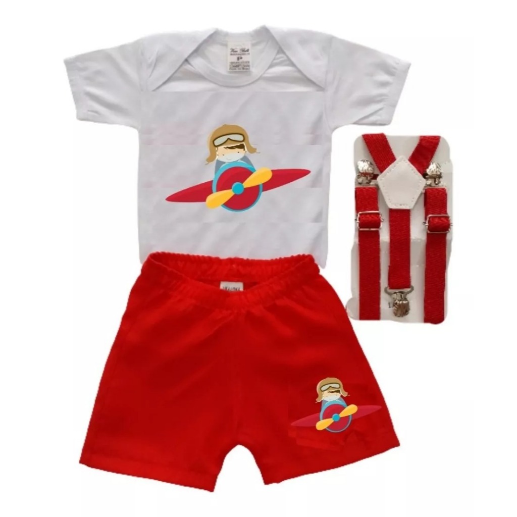 Conjunto Bebê Aviador Menino Mesversário Temático Festa Infantil Aniversário Body, Suspensório e Short