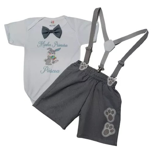 Roupa Minha Primeira Páscoa Bebê Menino Conjunto Infantil Temático Coelhinho Páscoa Mesversario Fantasia Coelho