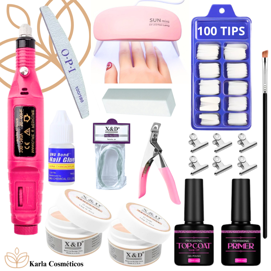 Kit Unha Gel Manicure Completo Profissional + Lixa Elétrica + Tips + Gel + Cola - Envio Imediato