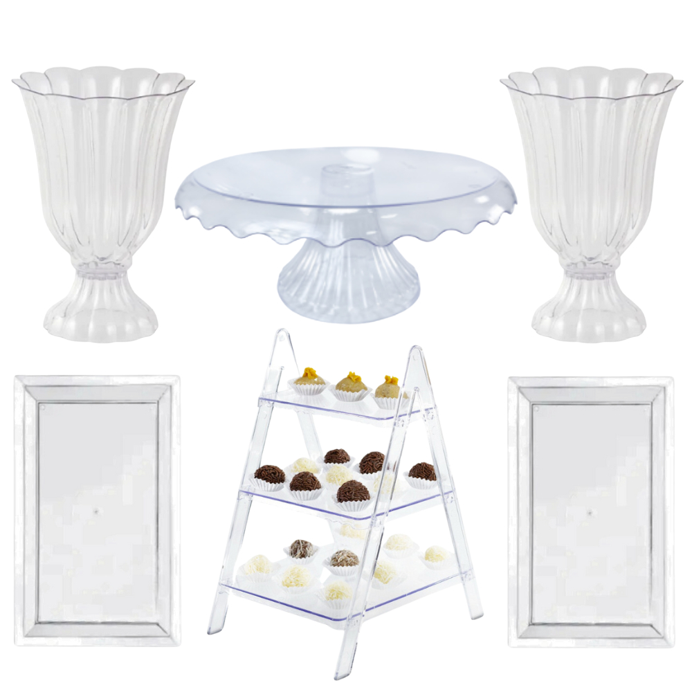 Kit Decoração Acrílico Boleira + Vaso + Bandeja  + Escada Decorativo Transparente Festa
