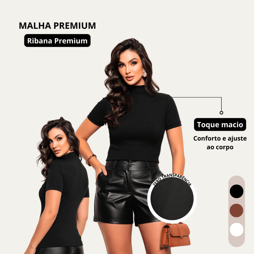 Blusa Feminina Manga Curta Gola Alta Em Malha Canelada Confortável Frio Moda Chique Algodão