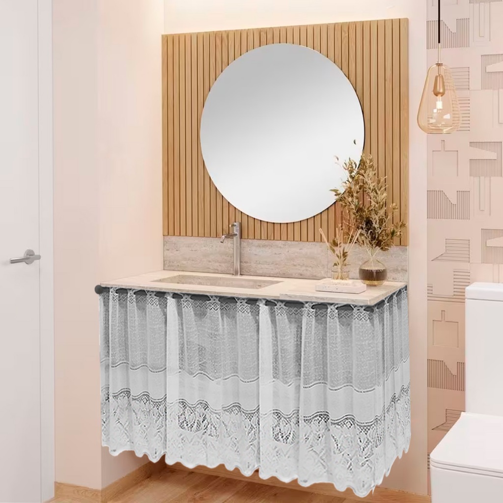 Cortina Pia - Vitrô - Balcão Banheiro Renda 0,80x1,50m - Decoração Floral Branca