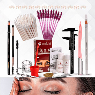 Kit Sobrancelha Henna makiaj + Palito Henna + Navalha + Paquímetro + Tesoura + Pincel + Dappen + Lápis + Dermatografico em Oferta na Shopee