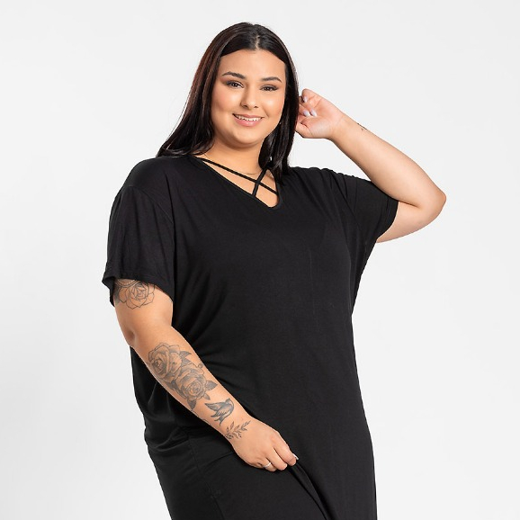 Vestido Feminino Plus Size G1 ao G10 - Malha Viscose Detalhe Decote Tiras - Modelagem Soltinha
