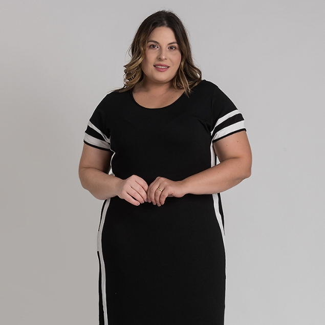 Vestido Feminino Plus Size G1 ao G6 - Visco Faixas Cor Contrastante - Modelagem Confortável