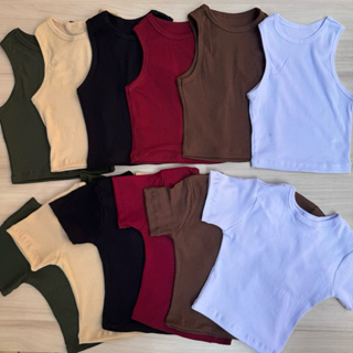 Kit 2 Cropped Regata Canelada Manga Curta Canelado Decote Nadador Gola Redonda Ribana Canelada Zara Várias Cores Gringa em Oferta na Shopee