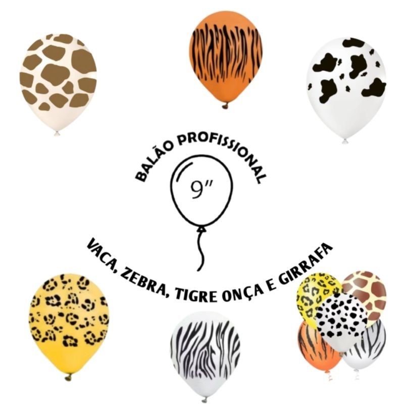 Balão Balões Bexiga de aniversário animais tema safari onça ,tigre, vaca zebra e girrafa tamanho 9