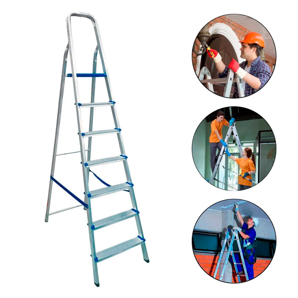 Escada Alumínio Média 7 Degraus Suporta 120kg Pés Antiderrapantes Leve Compacta - Real Escadas em Oferta na Shopee