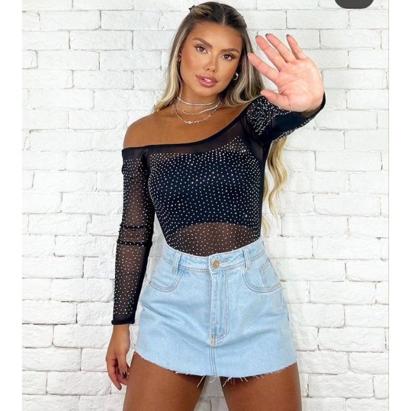 BLUSA BODY BORI MAIO PEDRARIA MANGA LONGA TRANSPARENTE OMBRO A OMBRO TULE COM FECHO PRETO