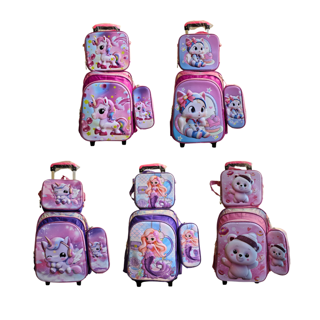 Mochila Infantil Feminina c/ Rodinhas Kit - Mochila, estojo e Lancheira Térmica | Estampas em 3D