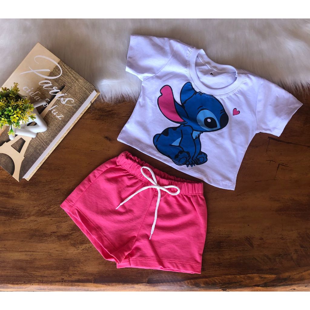 Conjunto infantil feminino cropped stitch e short moletinho cores aleatórias Lilo e stitch