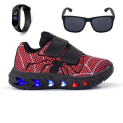 Tenis De Led Aranha Infantil Masculino Meninos Macio Calce Facil + Oculos + Relogio