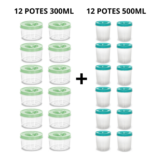 Kit 12 Potes 300ml E 12 Potes 500ml Tampa Com Rosca Ótima Vedação Cores Sortidas 2504 2573