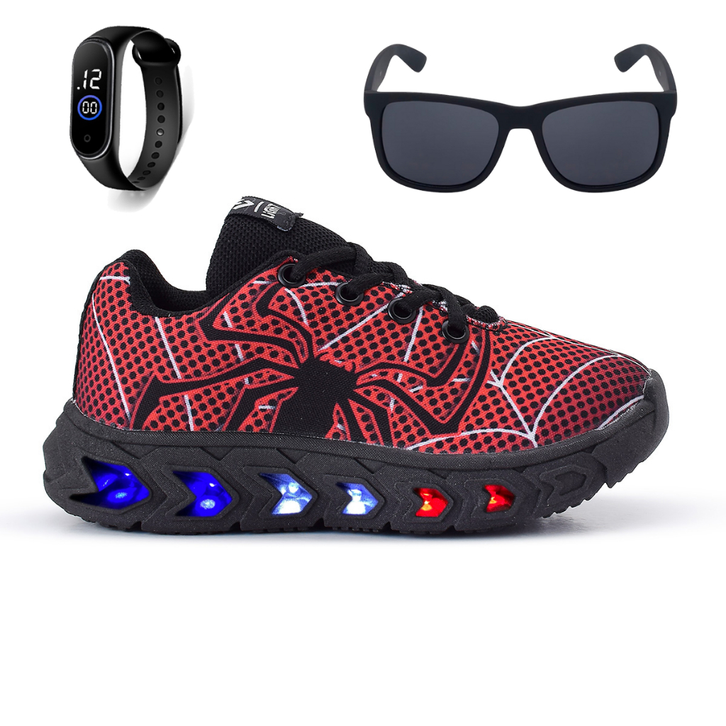 Tenis De Led Aranha Infantil Masculino Meninos + Oculos + Relogio em Oferta na Shopee